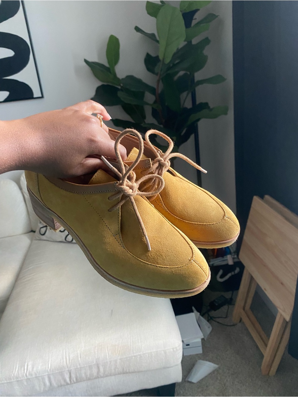 Clark’s Original Phenia Mustard Suede Ankle Booties
